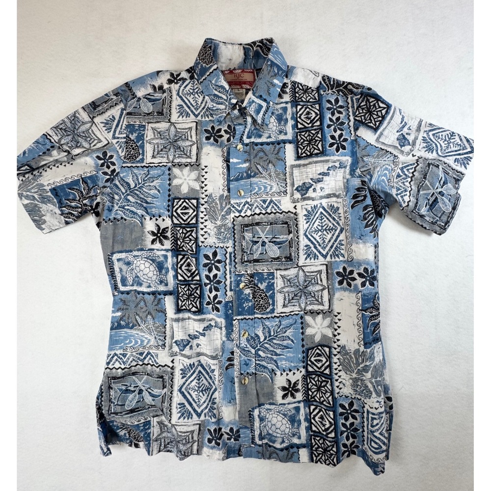 RJC Robert J Clancey‎ Mens Blue Patchwork Hawaiian Shirt Tropical Pineapple L